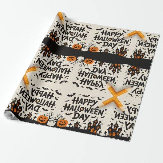 Scary Cute Pumpkins, Ghosts & Spider Web Design Cadeaupapier (Uitgerold)