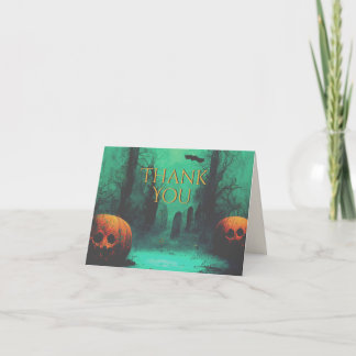 Scary Graveyard and Carved Pumpkins Halloween Bedankkaart