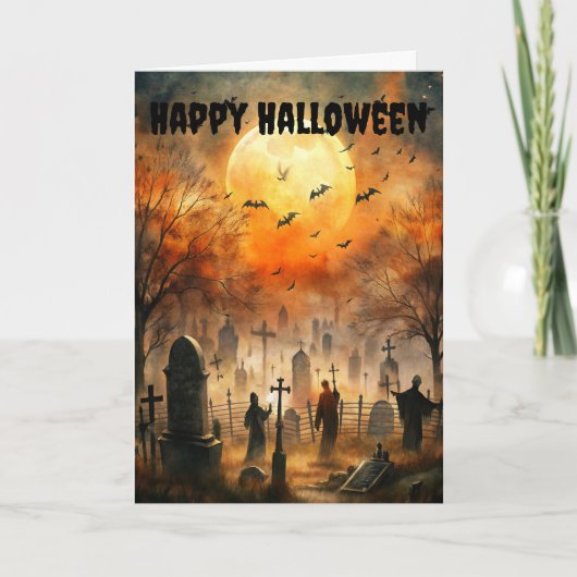 Scary Halloween Creepy Graveyard Scene Feestdagen Kaart (Voorkant)