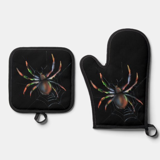 Scary Halloween Metallic Spider en Web Pickleball Ovenwant & Pannenlap Set (Voorkant)