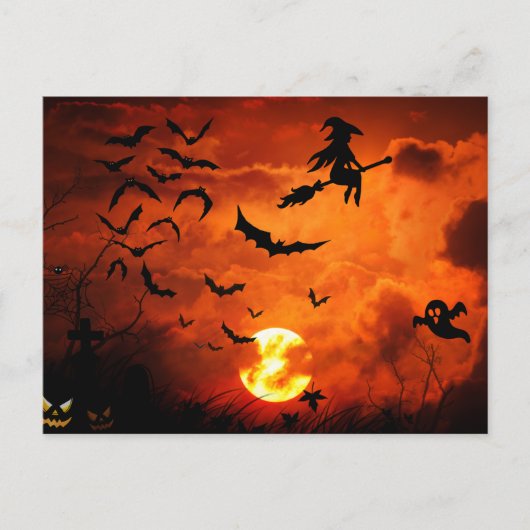 Scary Halloween Night - Witch, Bats, Ghost Feestdagenkaart (Voorkant)