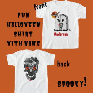 Scary Halloween Tombstone, Bat, Skull en Name T-shirt