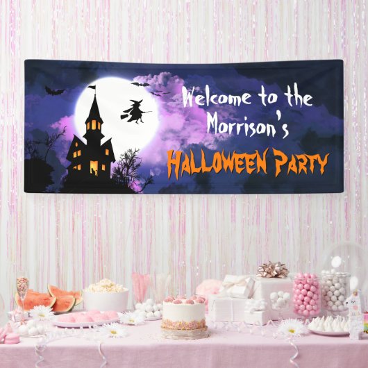 Scary Haunted Castle Flying Witch Halloween Party Spandoek (Feest)
