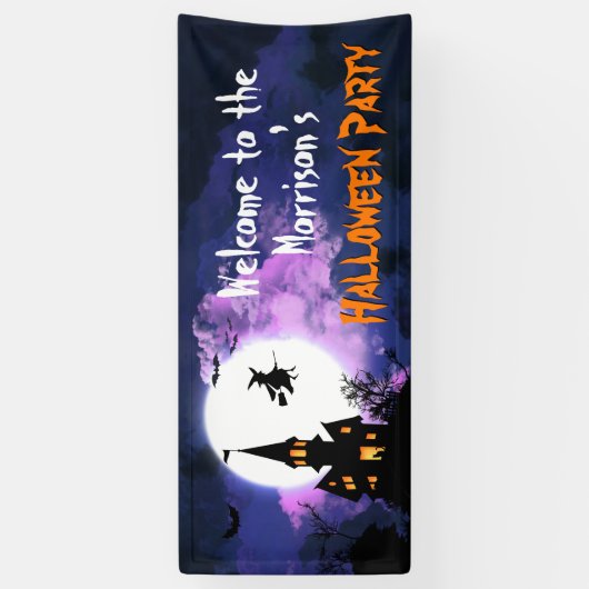 Scary Haunted Castle Flying Witch Halloween Party Spandoek (Verticaal)
