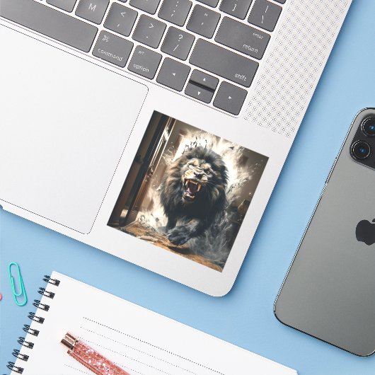 Scary Lion Sticker (Laptop met iPhone)