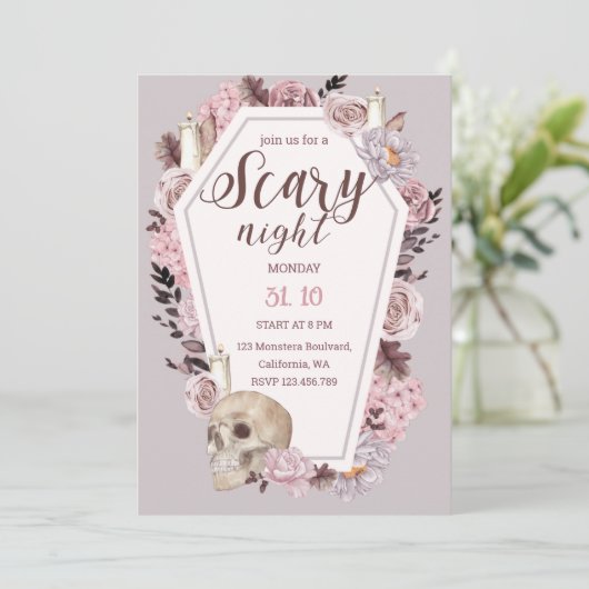 Scary Night Floral Skull Halloween Party Kaart (Staand voorkant)
