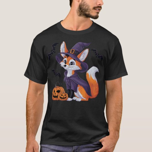 Scary Pumpkin Bat Funny Witch Hat Fennec Fox Hallo T-shirt (Voorkant)