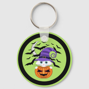 Scary Pumpkin met een wit Kat en heks Ha Sleutelhanger