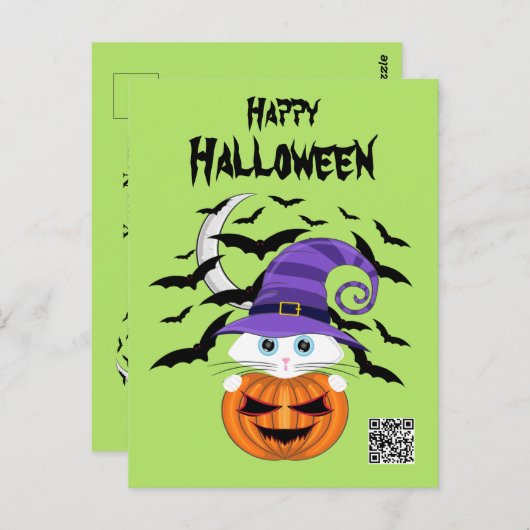 Scary Pumpkin met een wit Kat en heks Pet Briefkaart (Voorkant / Achterkant)