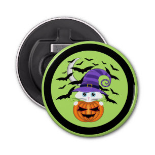 Scary Pumpkin met een wit Kat en heks Pet Button Flesopener