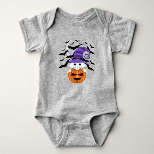Scary Pumpkin met een wit Kat en heks Pet Romper (Voorkant)