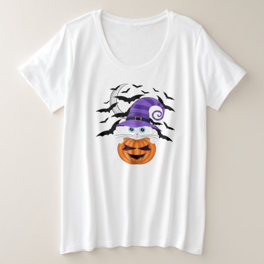 Scary Pumpkin met een wit Kat en heksen Grote Maat T-shirt (Design voorkant)
