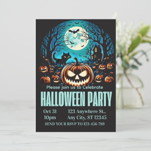 Scary Pumpkin Moonlit Halloween Party Invite Kaart (Staand voorkant)