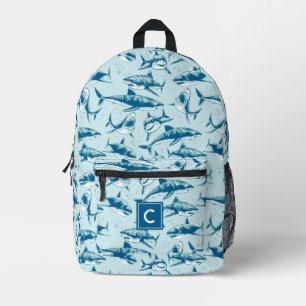 Scary Shark Pattern Aqua Blue Monogram Bedrukte Rugzak