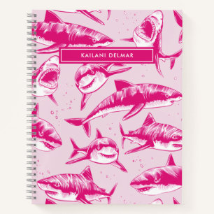 Scary Shark Pattern Name Pink Kinder Notitieboek