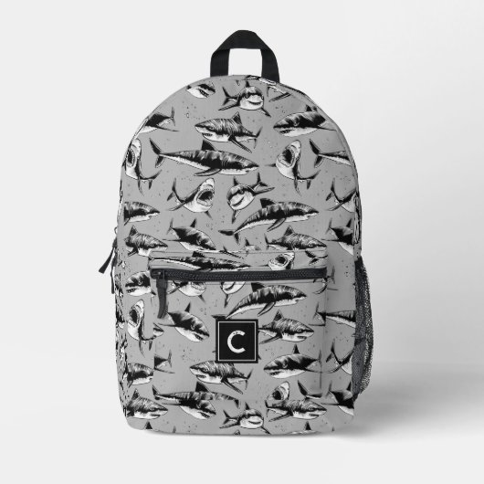 Scary Shark Pattern Zwart Monogram Bedrukte Rugzak (Voorkant)