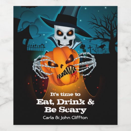 Scary Skeleton and Pumpkin Halloween Wijn Etiket (Enkel label)