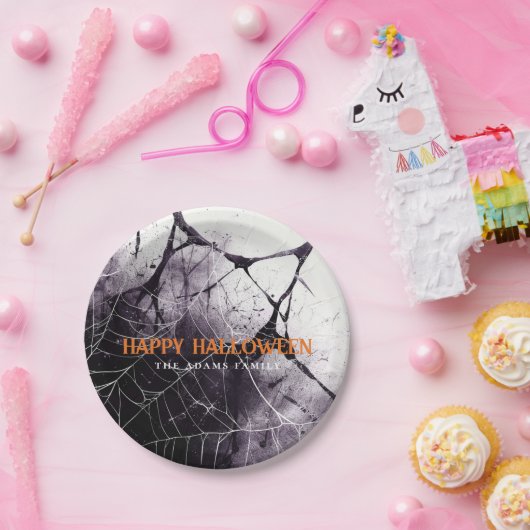 Scary Spider Web Happy Halloween Custom Name Papieren Bordje (Feest)