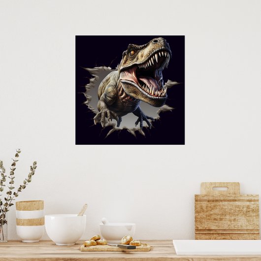 Scary Wall Breakout Dinosaur T-Rex Poster Print (Cuisine)
