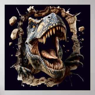 Scary Wall Breakout Dinosaur T-Rex Poster Print