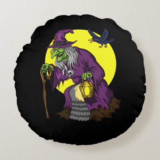 Scary Witch Spooky Raven Halloween Rond Kussen (Voorkant)