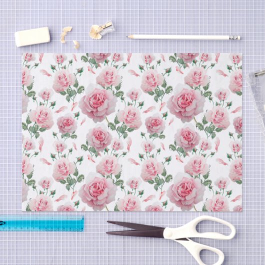 Scatter Pink Roses Pattern Tissuepapier (Craft)