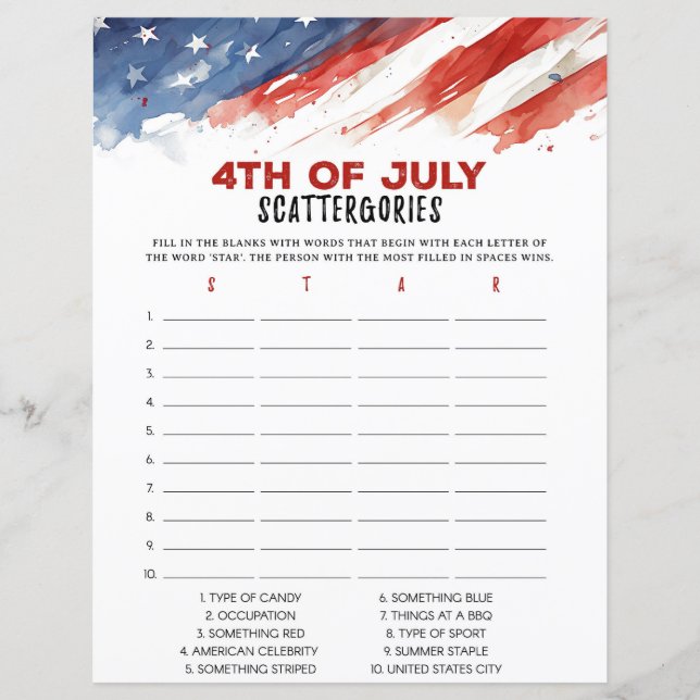 Scattergories 4th of July Feestspel (Voorkant)