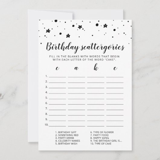 Scattergories Anniversaire Jeu modifiable Carte (Devant)