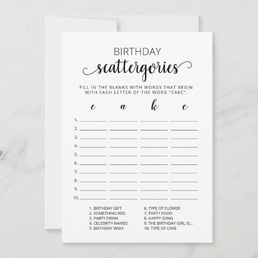 Scattergories Anniversaire Jeu modifiable Carte (Devant)