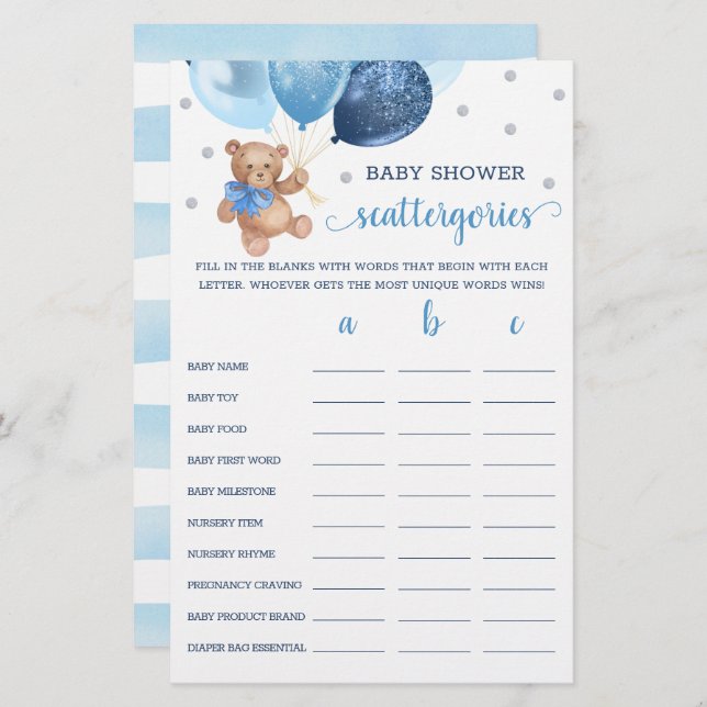 Scattergories Game Baby shower Teddy Bear (Voorkant / Achterkant)