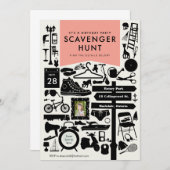 Scavenger Hunt Birthday Party Invitation / Roze Kaart (Voorkant / Achterkant)