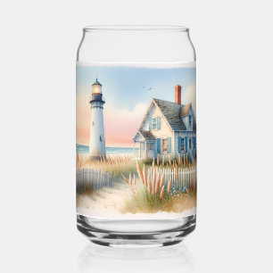Scène aquarelle d'un phare et d'un cottage au bord