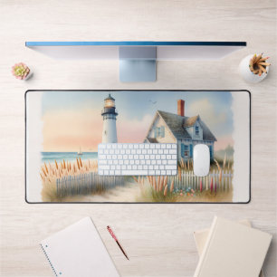 Scène aquarelle d'un phare et d'un cottage au bord