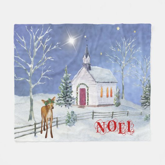 Scene Blanket Blue and White KerstChurch Fleece Deken (Voorkant (Horizontaal))