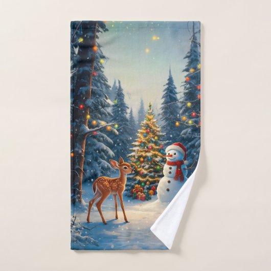 Scene d'arbre de Noël Cute Deer Fawn Snowman (Serviette à main)
