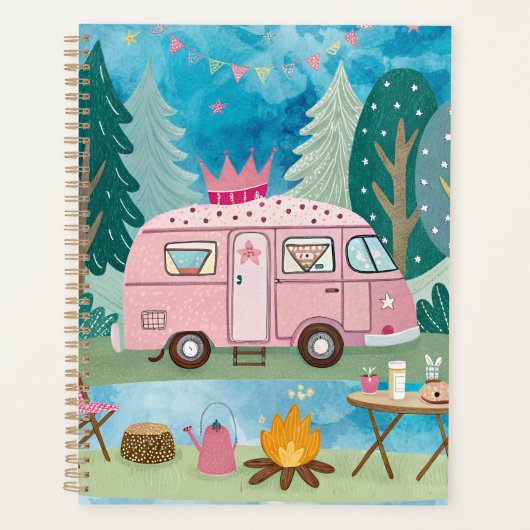 Scène de camping Whimsical Pink Camper Van Camping (Devant)