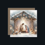 Scène de crèche rustique avec carte de fleurs d'hi<br><div class="desc">Cette crèche sereine capture la beauté paisible de la Sainte Famille sous une étable en bois rustique, délicatement éclairée par des lanternes et entourée de douces chutes de neige. Le design présente Marie, Joseph et le bébé Jésus dans un moment chaleureux et révérencieux, accentué par des fleurs d'hiver délicates, des...</div>