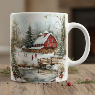 Scène de ferme hivernale vintage. Mugs cadeaux de