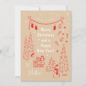 Scène de Noël Doodle Rouge & Beige Carte de Noël (Devant)