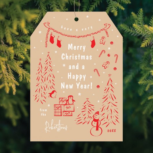 Scène de Noël Doodle Rouge & Beige Carte de Noël