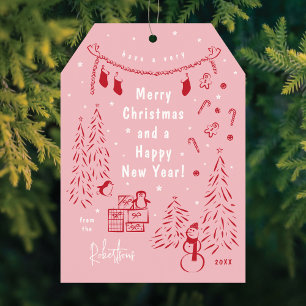 Scène de Noël Doodle Rouge et rose Carte de Noël