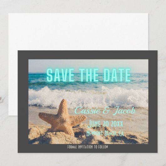 Scène de plage moderne et néon Save the Date (Devant / Derrière)