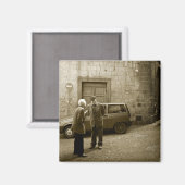 Scène de rue italienne dans sepia carré aimant (Recto/Verso)