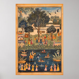 Scène de village indien Pichwai Poster vibrant