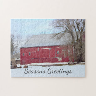 Scène d'hiver de la grange rouge Puzzle