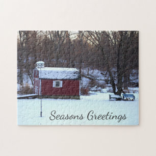 Scène d'hiver de la grange rouge Puzzle