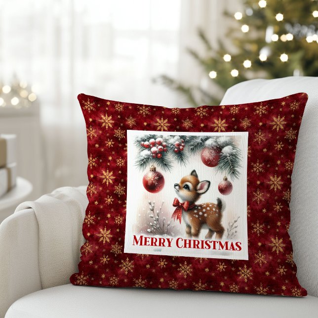 Scène festive enneigée bébé faon oreiller de Noël  (Snowy festive scene baby fawn Christmas pillow (49))
