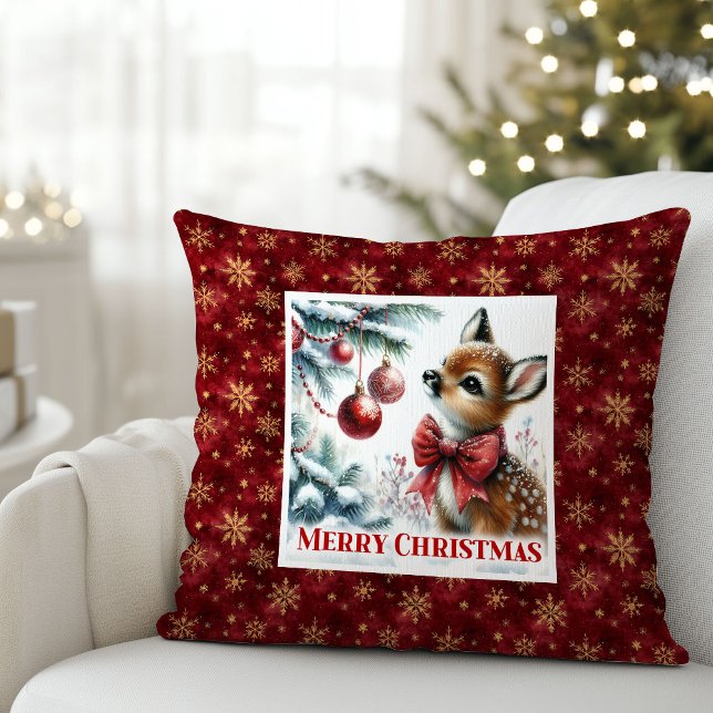 Scène festive magique bébé faon oreiller de Noël  (Magical festive scene baby fawn Christmas pillow (51))