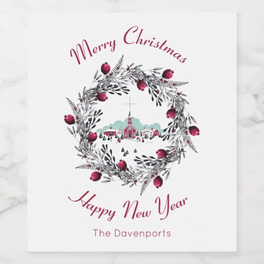 Scène met een Rode Kerk en Kerstkrans Wijn Etiket (Enkel label)