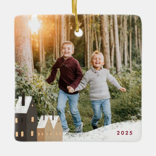 Scène Rustique Village Neige Photo Ornement en cér (Devant)